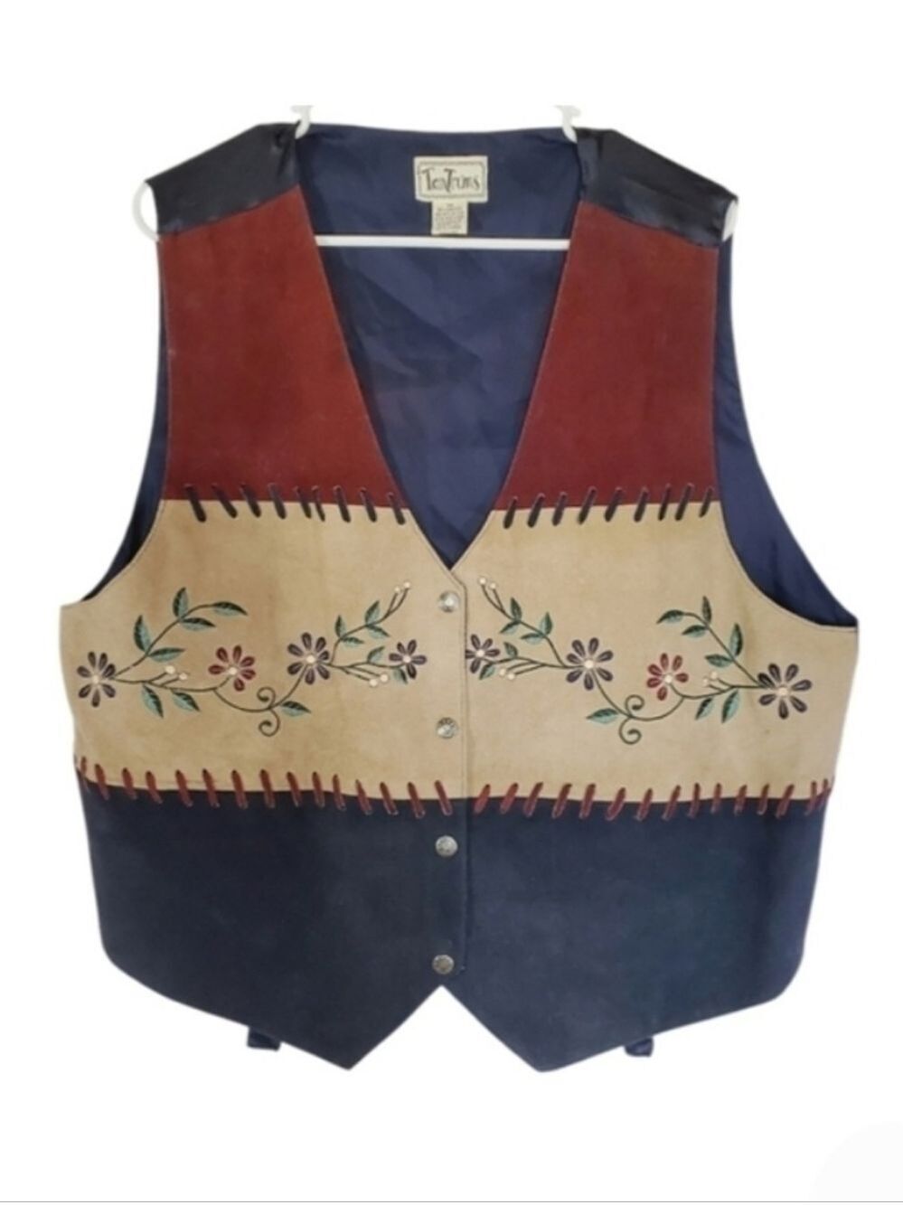 7300 * Tantrums Colorblock Leather Vest Brown Tan Navy Size 2X Vintage